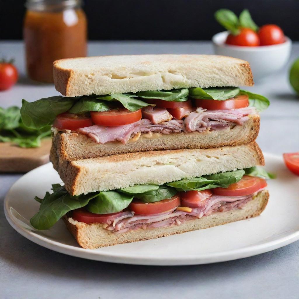 A homemade sandwich, assembled meticulously with fresh ingredients, reflecting the personal touch and unique style of the maker.