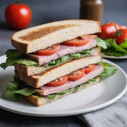 A homemade sandwich, assembled meticulously with fresh ingredients, reflecting the personal touch and unique style of the maker.