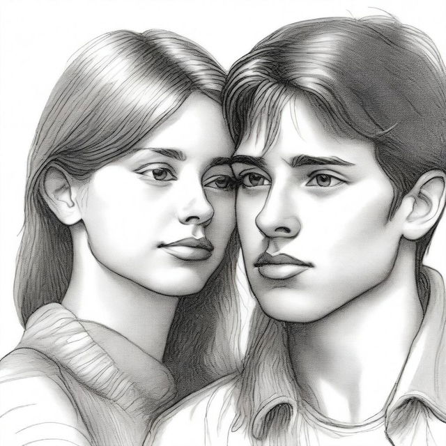 A pencil sketch of a young man, his hand gently guiding a teenage girl's chin, turning her face towards his