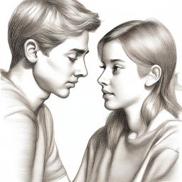 A pencil sketch of a young man, his hand gently guiding a teenage girl's chin, turning her face towards his