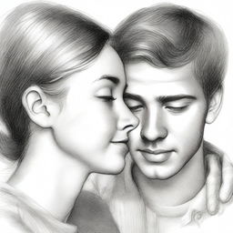 A pencil sketch of a young man, his hand gently guiding a teenage girl's chin, turning her face towards his