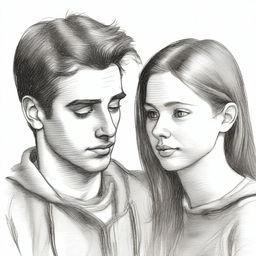 A pencil sketch of a young man, his hand gently guiding a teenage girl's chin, turning her face towards his