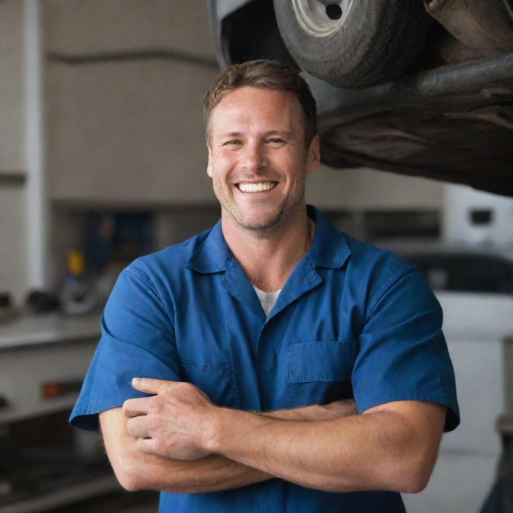 A smiling mechanic expressing joy and enthusiasm while working.