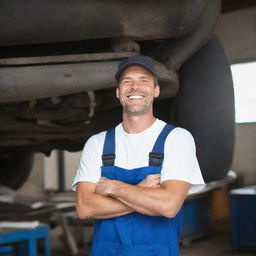 A smiling mechanic expressing joy and enthusiasm while working.