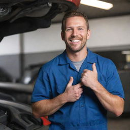 A smiling mechanic expressing joy and enthusiasm while working.