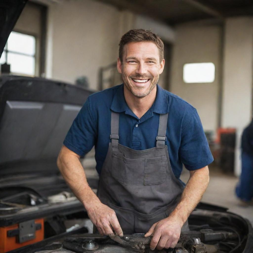 A smiling mechanic expressing joy and enthusiasm while working.