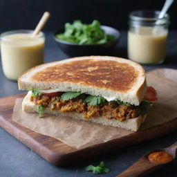 A simple, homemade Indian sandwich made thoughtfully, highlighting the personal touch of the creator with traditional Indian flavors and ingredients.