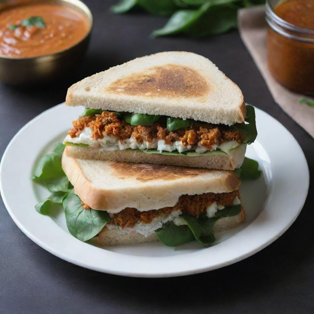 A simple, homemade Indian sandwich made thoughtfully, highlighting the personal touch of the creator with traditional Indian flavors and ingredients.