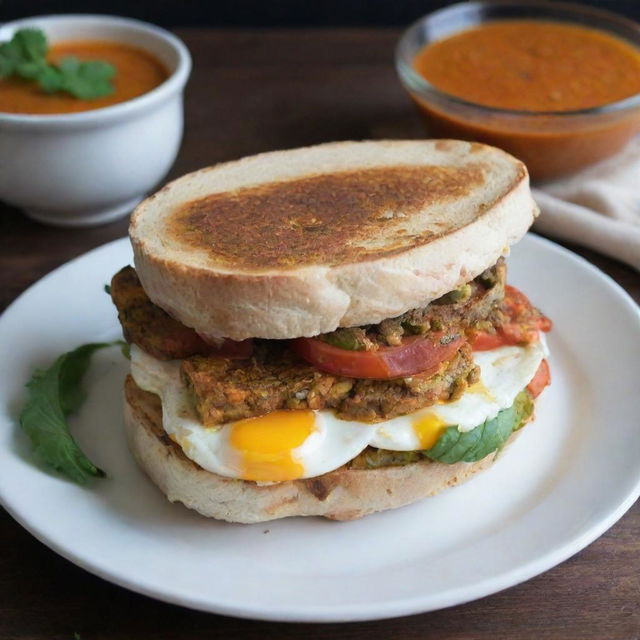 A simple homemade Indian egg sandwich, infused with traditional spices, grilled to perfection, and bearing the personal touch and style of the maker.