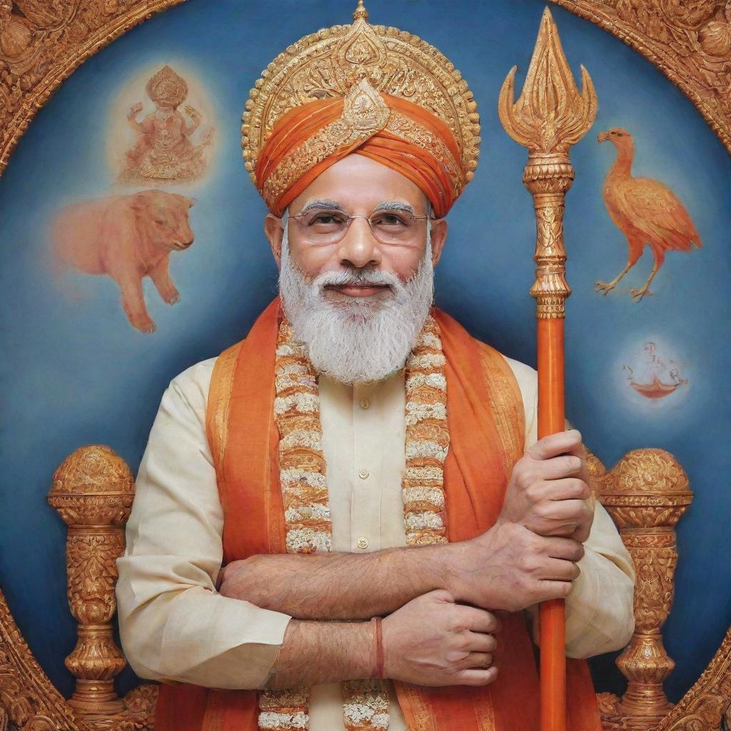 Narendra Modi depicted in the style of Lord Ram, maintaining respect and dignity. Various divine symbols associated with Lord Ram are included without alteration of religious significance.