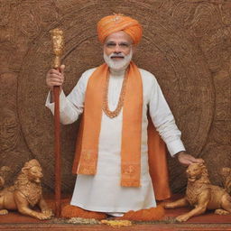 Narendra Modi depicted in the style of Lord Ram, maintaining respect and dignity. Various divine symbols associated with Lord Ram are included without alteration of religious significance.