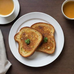 A display of a simple homemade Indian egg toast made with bread, prepared with care and personal touch, featuring traditional spices and a golden-brown, toasted finish.