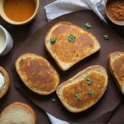 A display of a simple homemade Indian egg toast made with bread, prepared with care and personal touch, featuring traditional spices and a golden-brown, toasted finish.