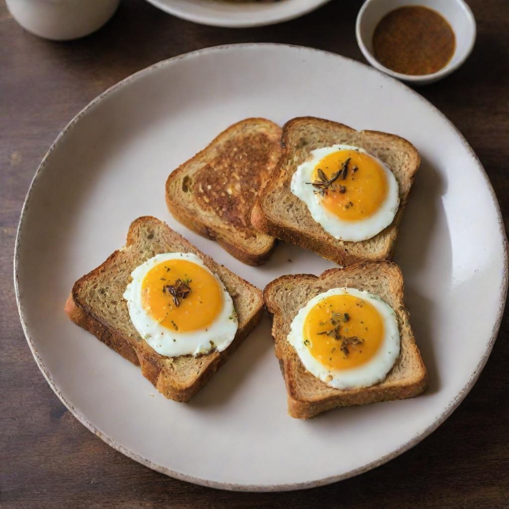 A display of a simple homemade Indian egg toast made with bread, prepared with care and personal touch, featuring traditional spices and a golden-brown, toasted finish.