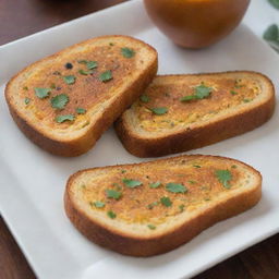 A display of a simple homemade Indian egg toast made with bread, prepared with care and personal touch, featuring traditional spices and a golden-brown, toasted finish.