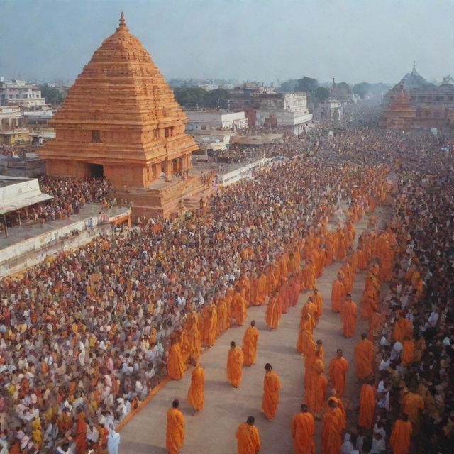 Rama in Ayodhya during the opening day of grand celebrations, with the city dressed festively and people celebrating with joy and enthusiasm