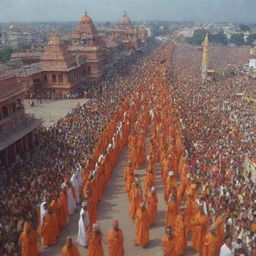 Rama in Ayodhya during the opening day of grand celebrations, with the city dressed festively and people celebrating with joy and enthusiasm