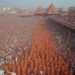 Rama in Ayodhya during the opening day of grand celebrations, with the city dressed festively and people celebrating with joy and enthusiasm