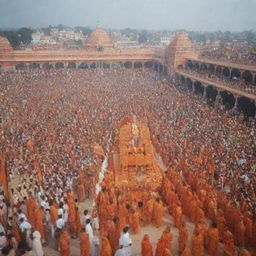 Rama in Ayodhya during the opening day of grand celebrations, with the city dressed festively and people celebrating with joy and enthusiasm