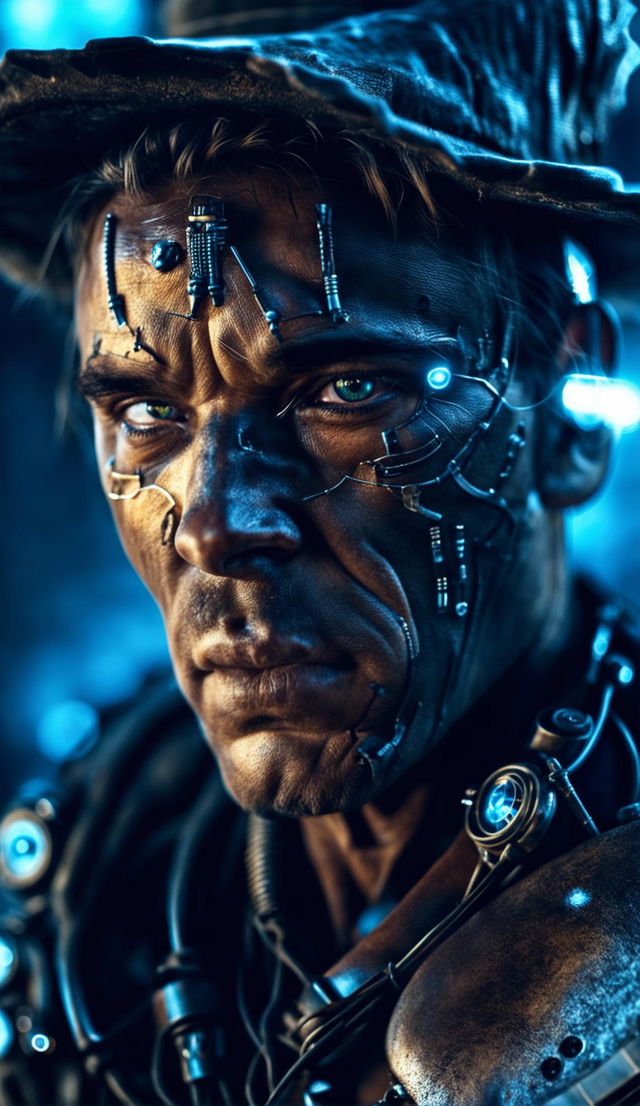 Ultra-close up photograph of a handsome cowboy with cybernetic enhancements in 32k resolution.