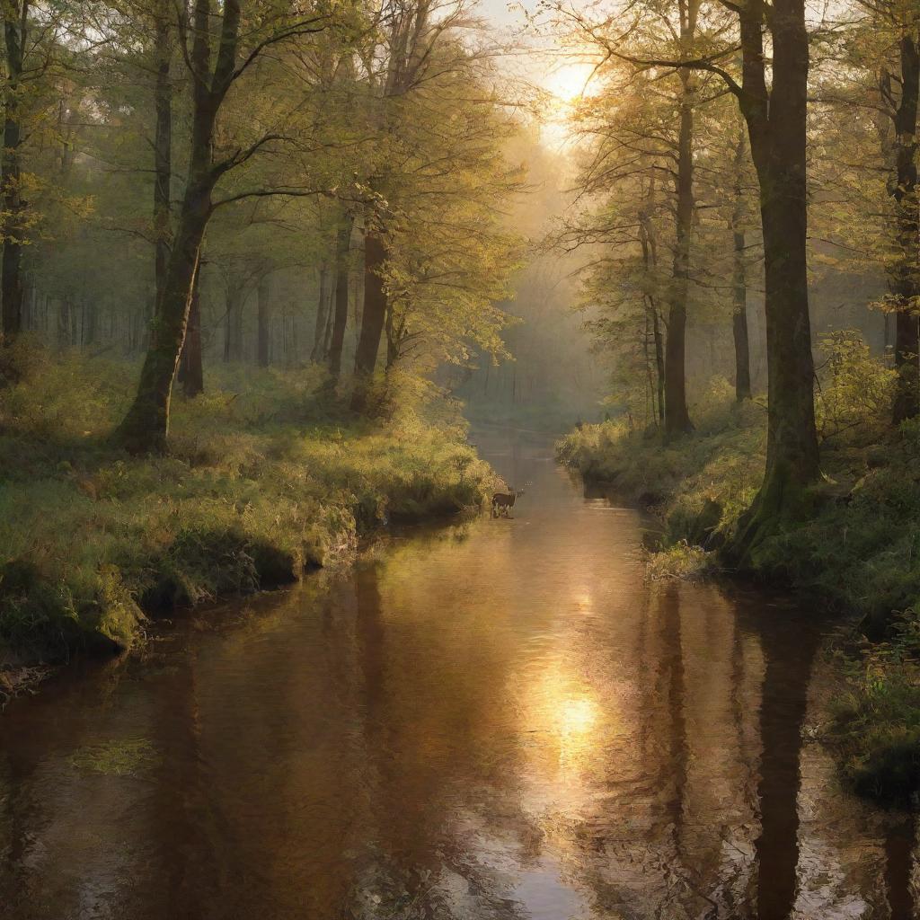 Generate an image of a dense forest with a river cutting through, casting golden reflections of the setting sun, home to various wildlife such as deer, birds and foxes.