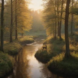 Generate an image of a dense forest with a river cutting through, casting golden reflections of the setting sun, home to various wildlife such as deer, birds and foxes.