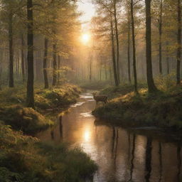 Generate an image of a dense forest with a river cutting through, casting golden reflections of the setting sun, home to various wildlife such as deer, birds and foxes.