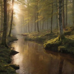 Generate an image of a dense forest with a river cutting through, casting golden reflections of the setting sun, home to various wildlife such as deer, birds and foxes.