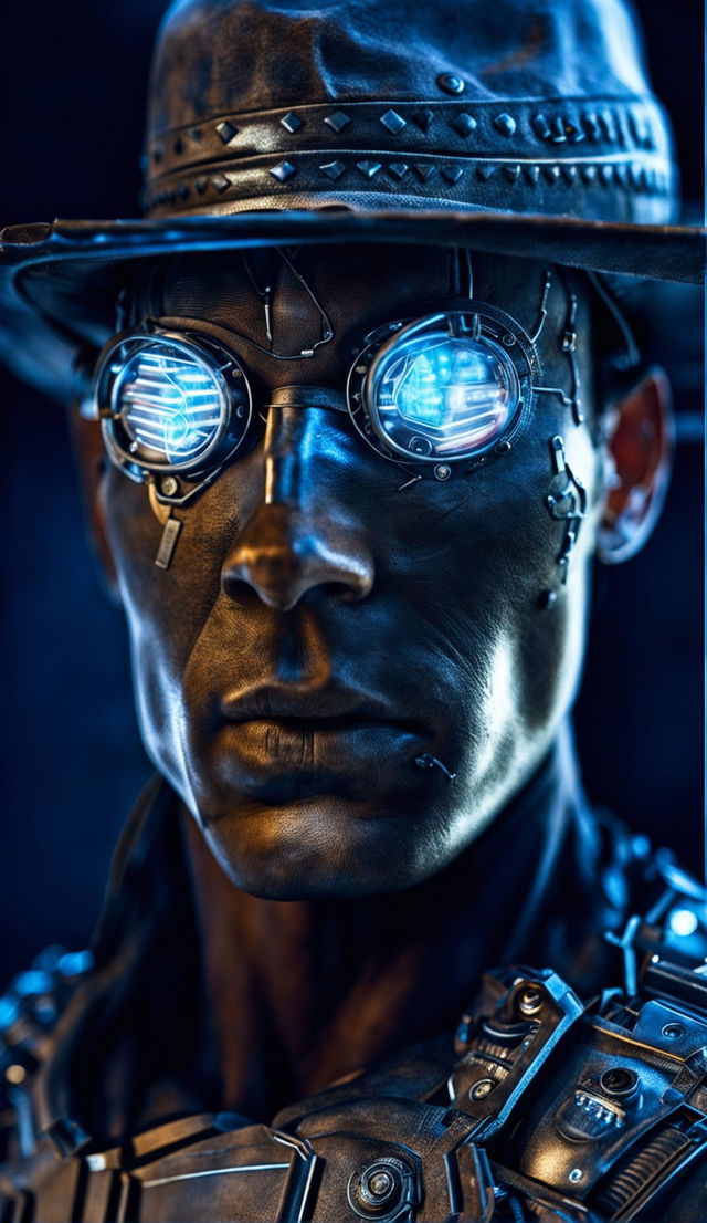 Ultra-close up photograph of a handsome cowboy with intricate cybernetic enhancements, including a cybernetic cowboy hat, in 32k resolution.