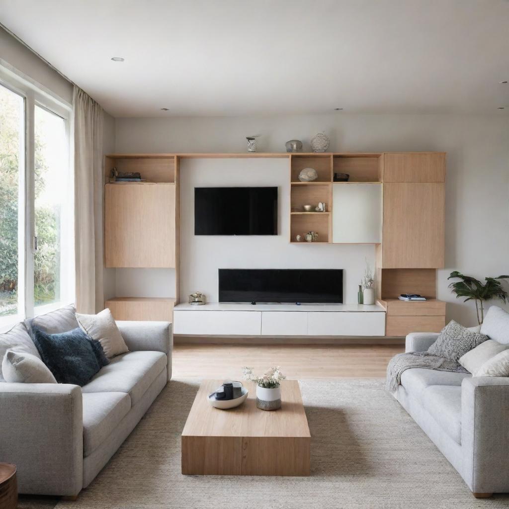 An efficiently organized, comfortable, and elegant modern living space, filled with natural light, sleek furniture, and practical storage solutions