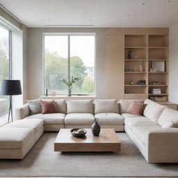 An efficiently organized, comfortable, and elegant modern living space, filled with natural light, sleek furniture, and practical storage solutions
