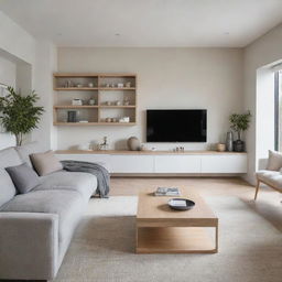 An efficiently organized, comfortable, and elegant modern living space, filled with natural light, sleek furniture, and practical storage solutions