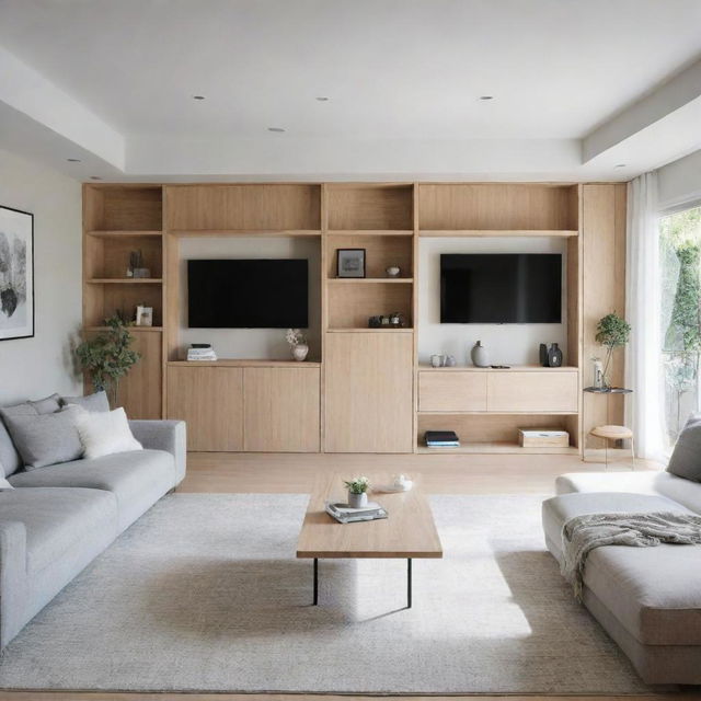 An efficiently organized, comfortable, and elegant modern living space, filled with natural light, sleek furniture, and practical storage solutions