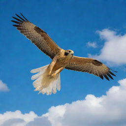 A majestic golden falcon circling around fluffy clouds under a clear azure sky