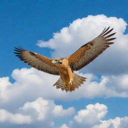 A majestic golden falcon circling around fluffy clouds under a clear azure sky