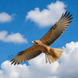 A majestic golden falcon circling around fluffy clouds under a clear azure sky