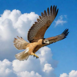 A majestic golden falcon circling around fluffy clouds under a clear azure sky