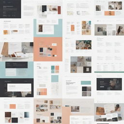 A collage of various web design elements including typography, color palettes, wireframes, and website mockups.