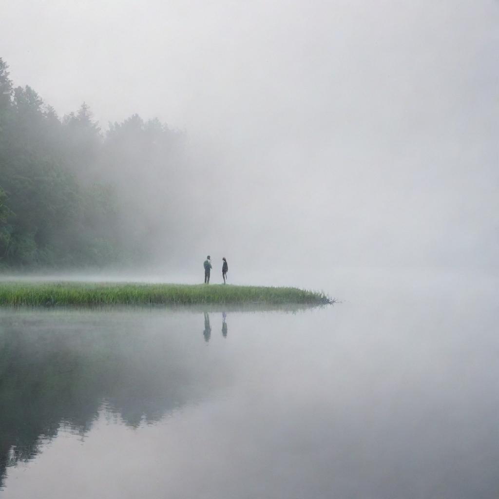 Two individuals standing on the lake shore, surrounded by a serene mist rolling over the tranquil water and lush landscape.