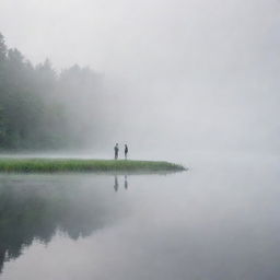 Two individuals standing on the lake shore, surrounded by a serene mist rolling over the tranquil water and lush landscape.