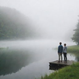 Two individuals standing on the lake shore, surrounded by a serene mist rolling over the tranquil water and lush landscape.