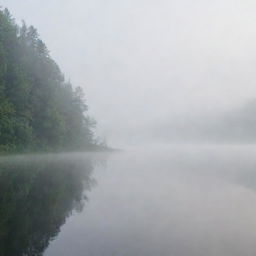 Two individuals standing on the lake shore, surrounded by a serene mist rolling over the tranquil water and lush landscape.