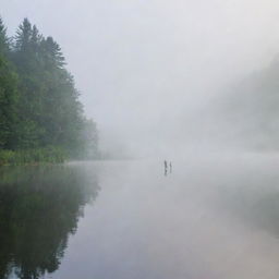 Two individuals standing on the lake shore, surrounded by a serene mist rolling over the tranquil water and lush landscape.