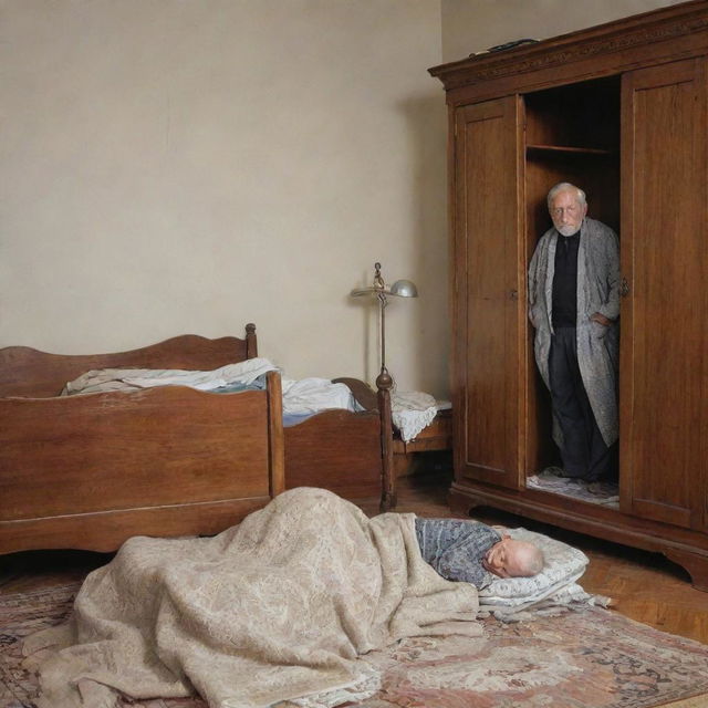 Classic style living room with a bed, a wardrobe, a commode, an old man sleeping under a blanket, and next to him, a small child on the floor.