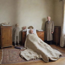 Classic style living room with a bed, a wardrobe, a commode, an old man sleeping under a blanket, and next to him, a small child on the floor.