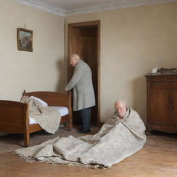 Classic style living room with a bed, a wardrobe, a commode, an old man sleeping under a blanket, and next to him, a small child on the floor.