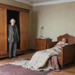 Classic style living room with a bed, a wardrobe, a commode, an old man sleeping under a blanket, and next to him, a small child on the floor.