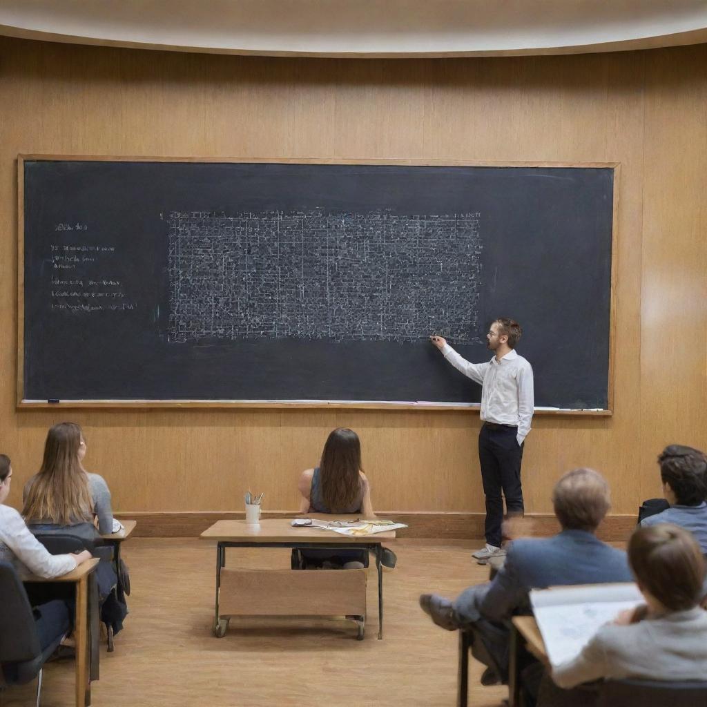 A group of students attending a drawing lecture in a luxurious university auditorium, with a teacher explaining geometric shapes on a large chalkboard.