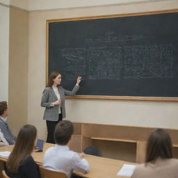 A group of students attending a drawing lecture in a luxurious university auditorium, with a teacher explaining geometric shapes on a large chalkboard.