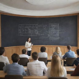 A group of students attending a drawing lecture in a luxurious university auditorium, with a teacher explaining geometric shapes on a large chalkboard.